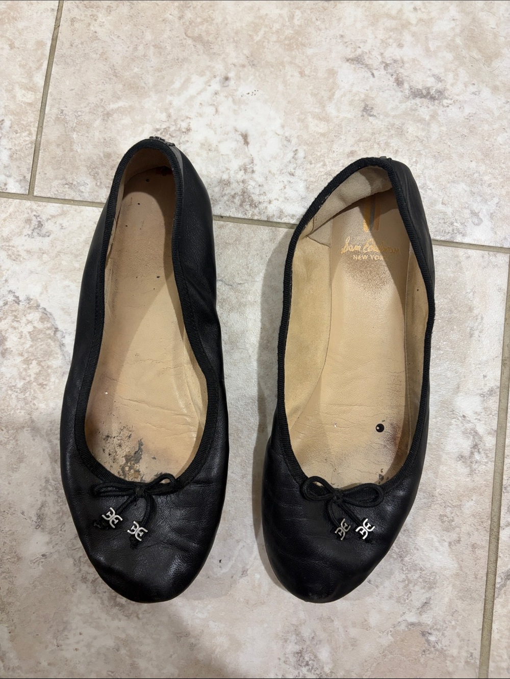 Sam Edelman Black Leather Bow Ballet Flats with Logo